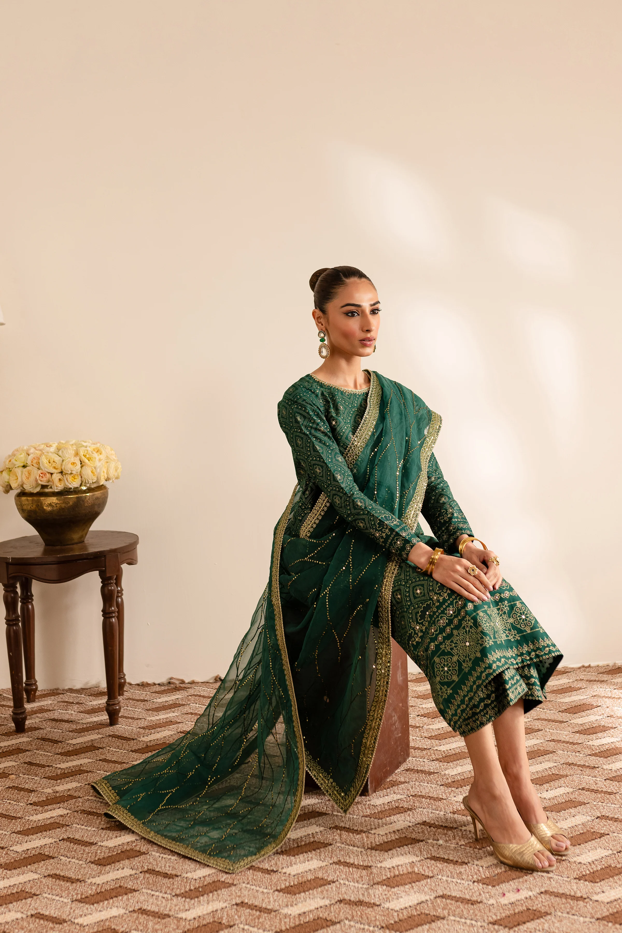 Forest Green 3Pc - Embroidered Luxe Pret - Image 4
