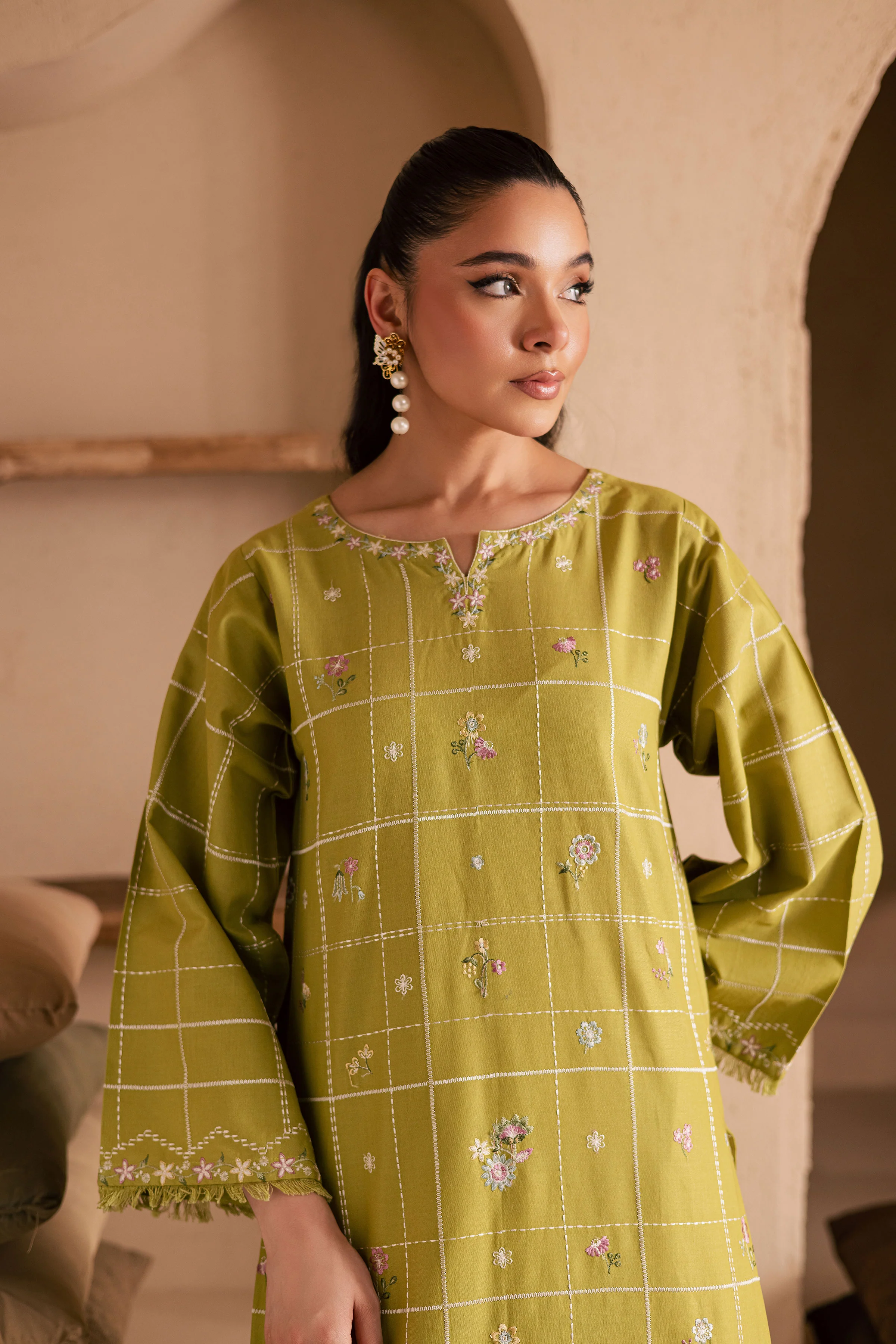 Pear Green 2Pc - Embroidered Khaddar Dress - Image 2